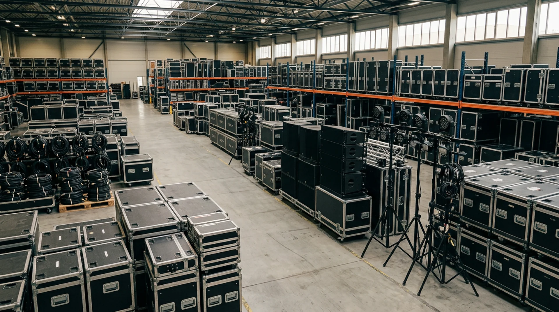 A clean event production warehouse with rows of black flight cases, line array speakers, lighting fixtures on stands, and coiled cables