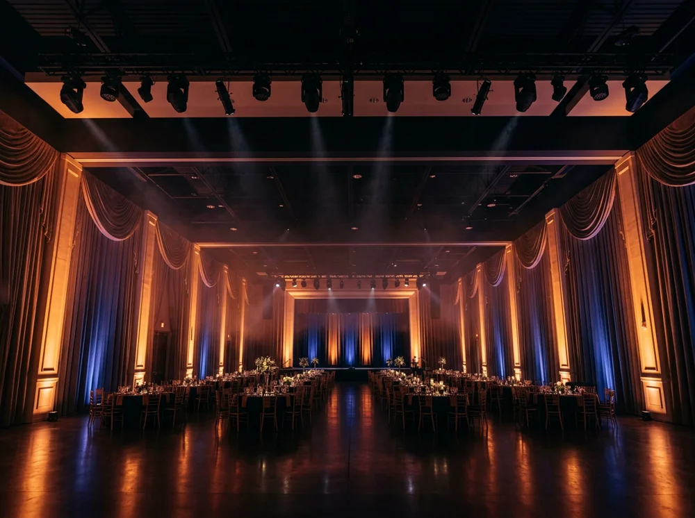 Warm amber and navy uplighting in an event ballroom