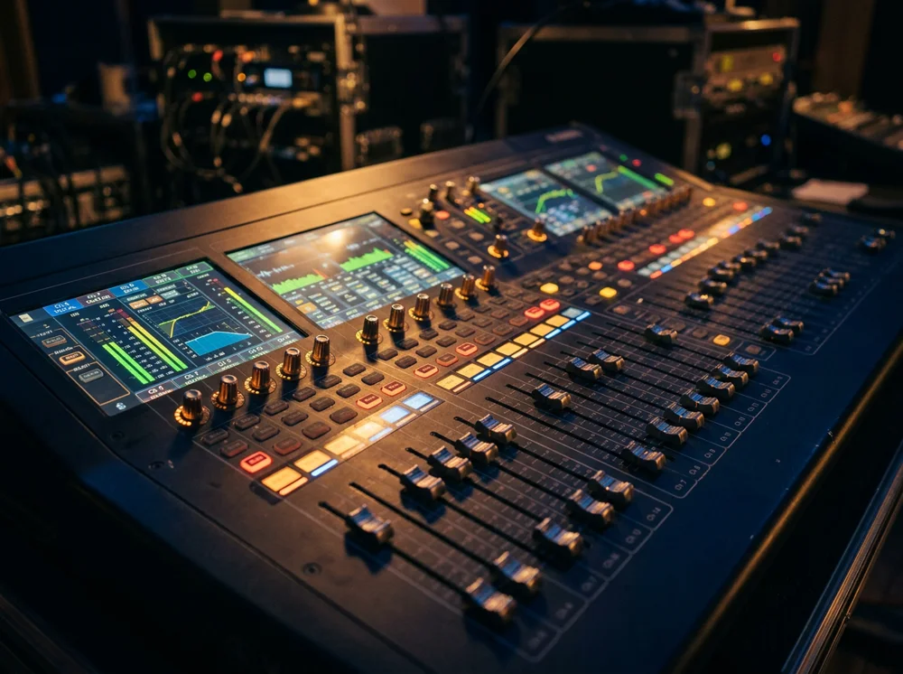 Professional digital audio mixing console with backlit faders and color displays