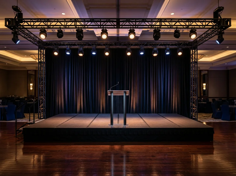 Modular stage with pipe and drape backdrop and overhead truss