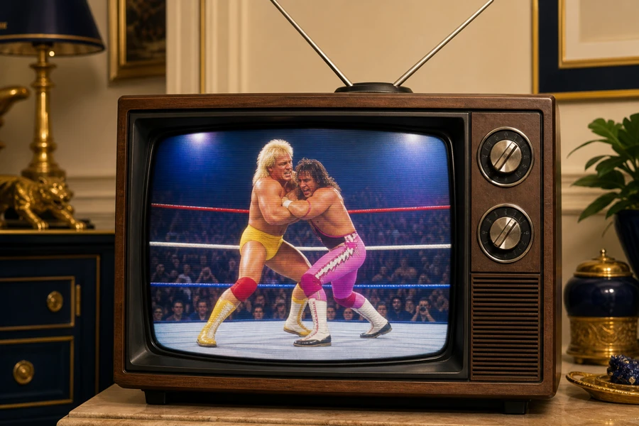 Vintage wood-grain console TV with chunky knobs and rabbit-ear antennas, two pro wrestlers grappling on the CRT screen